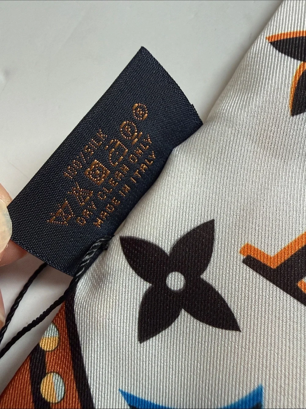 White & Orange Monogram Silk Scarf/Twilly